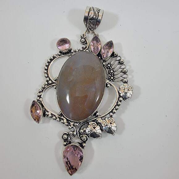 Handmade Silver Pendant with Moon Agate and Pink Topaz Accents - Picture 6 of 10